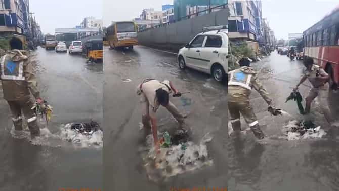 ಹೈದರಾಬಾದ; ಜಲಾವೃತಗೊಂಡಿದ್ದ ಚರಂಡಿಯನ್ನು ಸ್ವಚ್ಛಗೊಳಿಸಿದ ಪೊಲೀಸರು