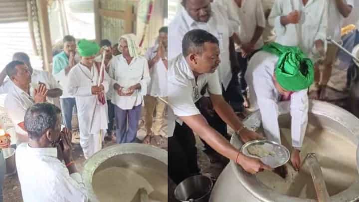 ಬಾಗಲಕೋಟೆ: ಬರಿಗೈಯಿಂದ ಕುದಿಯುವ ಹುಗ್ಗಿ ತೆಗೆದ ಸ್ವಾಮೀಜಿ ಬಾಗಲಕೋಟೆ: ಬರಿಗೈಯಿಂದ ಕುದಿಯುವ ಹುಗ್ಗಿ ತೆಗೆದ ಸ್ವಾಮೀಜಿ