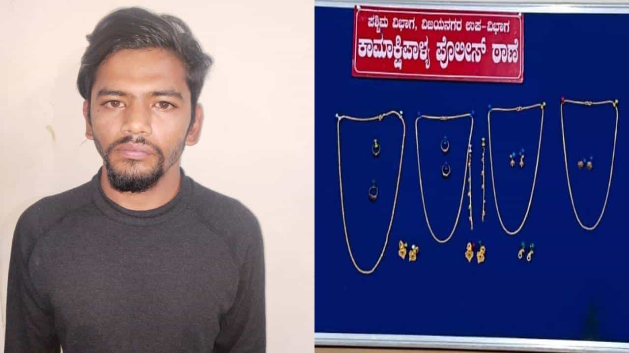 ಬೆಂಗಳೂರಿನಲ್ಲಿ ಮನೆ ಕಳ್ಳತನ ಮಾಡ್ತಿದ್ದ ಆರೋಪಿ ಬಂಧನ; 8 ಲಕ್ಷ ಮೌಲ್ಯದ ಚಿನ್ನಾಭರಣ ಜಪ್ತಿ ಬೆಂಗಳೂರಿನಲ್ಲಿ ಮನೆ ಕಳ್ಳತನ ಮಾಡ್ತಿದ್ದ ಆರೋಪಿ ಬಂಧನ; 8 ಲಕ್ಷ ಮೌಲ್ಯದ ಚಿನ್ನಾಭರಣ ಜಪ್ತಿ