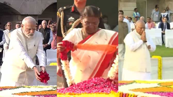 ಮಹಾತ್ಮ ಗಾಂಧೀಜಿ ಸಮಾಧಿಗೆ ರಾಷ್ಟ್ರಪತಿ, ಪ್ರಧಾನಿ ಸೇರಿದಂತೆ ಗಣ್ಯರಿಂದ ಗೌರವ