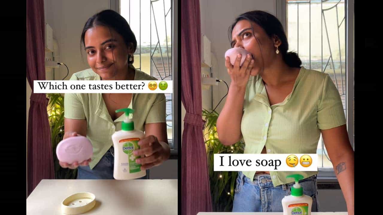 Viral Video: ಸಾಬೂನು ತಿನ್ನುತ್ತಿರುವ ಯುವತಿ; ಹೊಟ್ಟೆಯಲ್ಲಿ ನೊರೆಗುಳ್ಳೆಗಳೆದ್ದವೋ? ಎಂದ ನೆಟ್ಟಿಗರು Viral Video: ಸಾಬೂನು ತಿನ್ನುತ್ತಿರುವ ಯುವತಿ; ಹೊಟ್ಟೆಯಲ್ಲಿ ನೊರೆಗುಳ್ಳೆಗಳೆದ್ದವೋ? ಎಂದ ನೆಟ್ಟಿಗರು