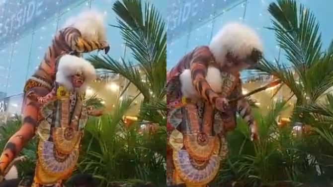 ವಿಡಿಯೋ: ಮಂಗಳೂರಿನಲ್ಲಿ ಹುಲಿ ವೇಷಧಾರಿಯ ಟೋಪಿಗೆ ಬೆಂಕಿ, ತಪ್ಪಿದ ದುರಂತ