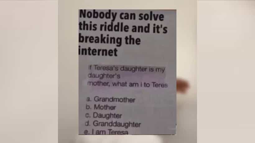 Viral Brain Teaser: ತೆರೆಸಾ ಬ್ರೇನ್ ಟೀಸರ್ಗೆ ಉತ್ತರ ಕಂಡುಕೊಳ್ಳಲು ಯಾರಿಗೂ ಆಗುತ್ತಿಲ್ಲ, ನಿಮಗೆ?