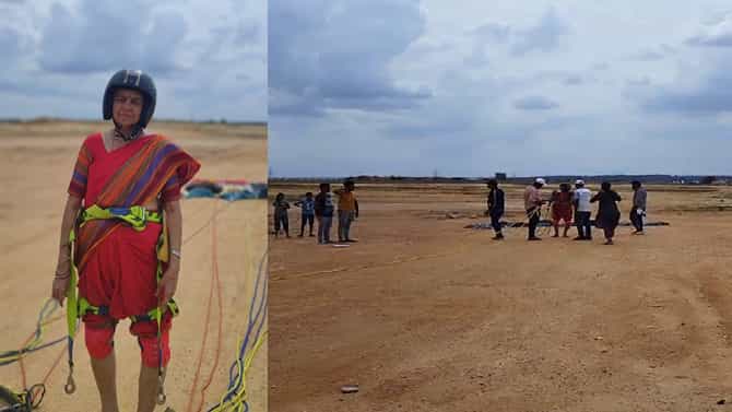 ಹಾಸನ: 67ರ ವಯಸ್ಸಿನಲ್ಲಿ ಸೀರೆಯುಟ್ಟು ಪ್ಯಾರಾಗ್ಲೈಡಿಂಗ್ ಮಾಡಿದ ಅಜ್ಜಿ