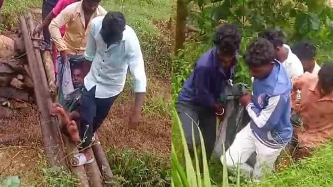 ರಾಜ್ಯೋತ್ಸವ ದಿನವೇ ಮನಕಲಕುವ ಘಟನೆ; ರೋಗಿಗಳನ್ನ ಜೋಳಿಗೆಯಲ್ಲಿ ಹೊತ್ತ ಜನರು