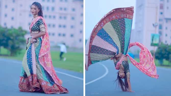 ಈ ಯುವತಿ ಲೆಹೆಂಗಾದಲ್ಲಿ ಇಷ್ಟೊಂದು ಸಲೀಸಾಗಿ ಪಲ್ಟಿ ಹೊಡೆದದ್ದು ಹೇಗೆ?