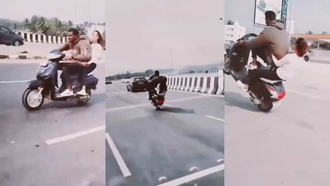 ರಾಮನಗರ: ಯುವತಿಯನ್ನ ಕೂರಿಸಿಕೊಂಡು ಯುವಕ ವ್ಹೀಲಿಂಗ್​
