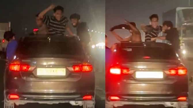 ಕುಡಿದ ಅಮಲಿನಲ್ಲಿ ಕಾರ್​ ರೂಫ್ ಮೇಲೆ ಹತ್ತಿ ಬಟ್ಟೆ ಕಳಚಿ ಯುವಕರ ಡ್ಯಾನ್ಸ್
