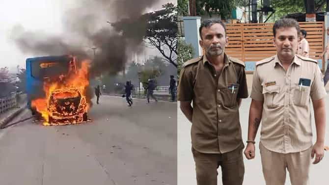 ನಿಂತಿದ್ದ ಬಿಎಂಟಿಸಿ ಬಸ್​ಗೆ ಡಿಕ್ಕಿಯಾಗಿ ಹೊತ್ತಿ ಉರಿದ ಕಾರು