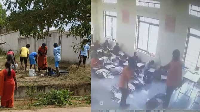 ಕೋಲಾರ ಮೊರಾರ್ಜಿ ಶಾಲೆಯಲ್ಲಿ ಮಕ್ಕಳನ್ನು ಮಲದ ಗುಂಡಿಗೆ ಇಳಿಸಿ ಸ್ವಚ್ಛತೆ