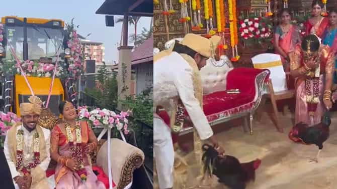 ಜೆಸಿಬಿಯಲ್ಲಿ ಕಲ್ಯಾಣ ಮಂಟಪಕ್ಕೆ ಬಂದು, ಅಂಕದ ಕೋಳಿ ಪೈಟ್ ಆಡಿದ ನವಜೋಡಿಗಳು