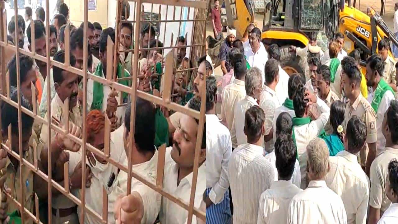 ಮೆಣಸಿನಕಾಯಿ ಬೆಳೆಗೆ ನೀರು ಬಿಡಲು ಆಗ್ರಹಿಸಿ ರೈತರ ಧರಣಿ; ಆತ್ಮಹತ್ಯೆಯ ಎಚ್ಚರಿಕೆ