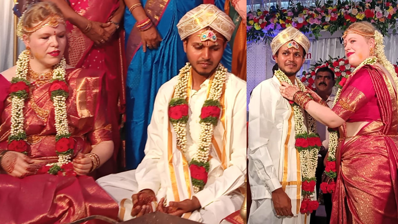 German woman wedding with Kundapur youth as per Hindu tradition: ಅದರಂತೆ ಇವರ ವಿವಾಹ ನೆರವೇರಿದ್ದು, ಎರಡು ಕಡೆಯ ಬಂಧು-ಮಿತ್ರರು, ಹಿತೈಷಿಗಳು ಪಾಲ್ಗೊಂಡು ನವಜೋಡಿಗೆ ಶುಭಹಾರೈಸಿದರು. 
