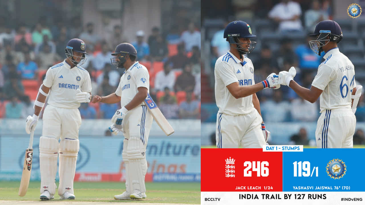 IND vs ENG: ಅಜೇಯ 70 ರನ್ ಸಿಡಿಸಿದ ಜೈಸ್ವಾಲ್ ! ಮೊದಲ ದಿನದಾಟದಂತ್ಯಕ್ಕೆ ಭಾರತ 119/1 IND vs ENG: ಅಜೇಯ 70 ರನ್ ಸಿಡಿಸಿದ ಜೈಸ್ವಾಲ್ ! ಮೊದಲ ದಿನದಾಟದಂತ್ಯಕ್ಕೆ ಭಾರತ 119/1