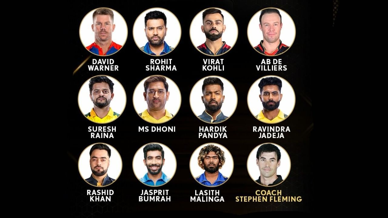 ಸಾರ್ವಕಾಲಿಕ IPL XI: ಡೇವಿಡ್ ವಾರ್ನರ್, ರೋಹಿತ್ ಶರ್ಮಾ, ವಿರಾಟ್ ಕೊಹ್ಲಿ, ಎಬಿ ಡಿವಿಲಿಯರ್ಸ್​, ಸುರೇಶ್ ರೈನಾ, ಎಂಎಸ್ ಧೋನಿ, ಹಾರ್ದಿಕ್ ಪಾಂಡ್ಯ, ರವೀಂದ್ರ ಜಡೇಜಾ, ರಶೀದ್ ಖಾನ್, ಜಸ್​ಪ್ರೀತ್ ಬುಮ್ರಾ, ಲಸಿತ್ ಮಾಲಿಂಗ. ಸ್ಟೀಫನ್ ಫ್ಲೆಮಿಂಗ್ (ಕೋಚ್)