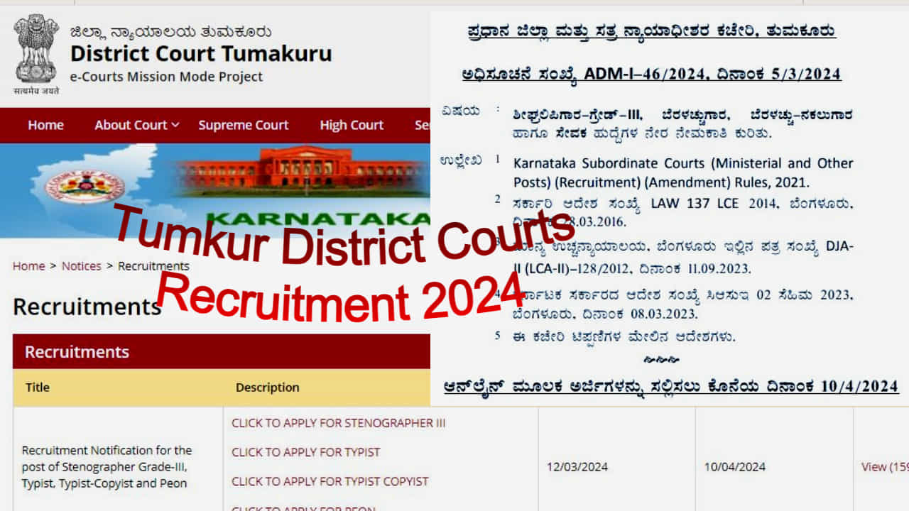 ತುಮಕೂರು ಜಿಲ್ಲಾ ನ್ಯಾಯಾಲಯದಲ್ಲಿ ನೇಮಕಾತಿ: 60 ಹುದ್ದೆಗಳು ಖಾಲಿ, ಆನ್ಲೈನ್ನಲ್ಲಿ ಅರ್ಜಿ ಸಲ್ಲಿಸಿ ತುಮಕೂರು ಜಿಲ್ಲಾ ನ್ಯಾಯಾಲಯದಲ್ಲಿ ನೇಮಕಾತಿ: 60 ಹುದ್ದೆಗಳು ಖಾಲಿ, ಆನ್ಲೈನ್ನಲ್ಲಿ ಅರ್ಜಿ ಸಲ್ಲಿಸಿ