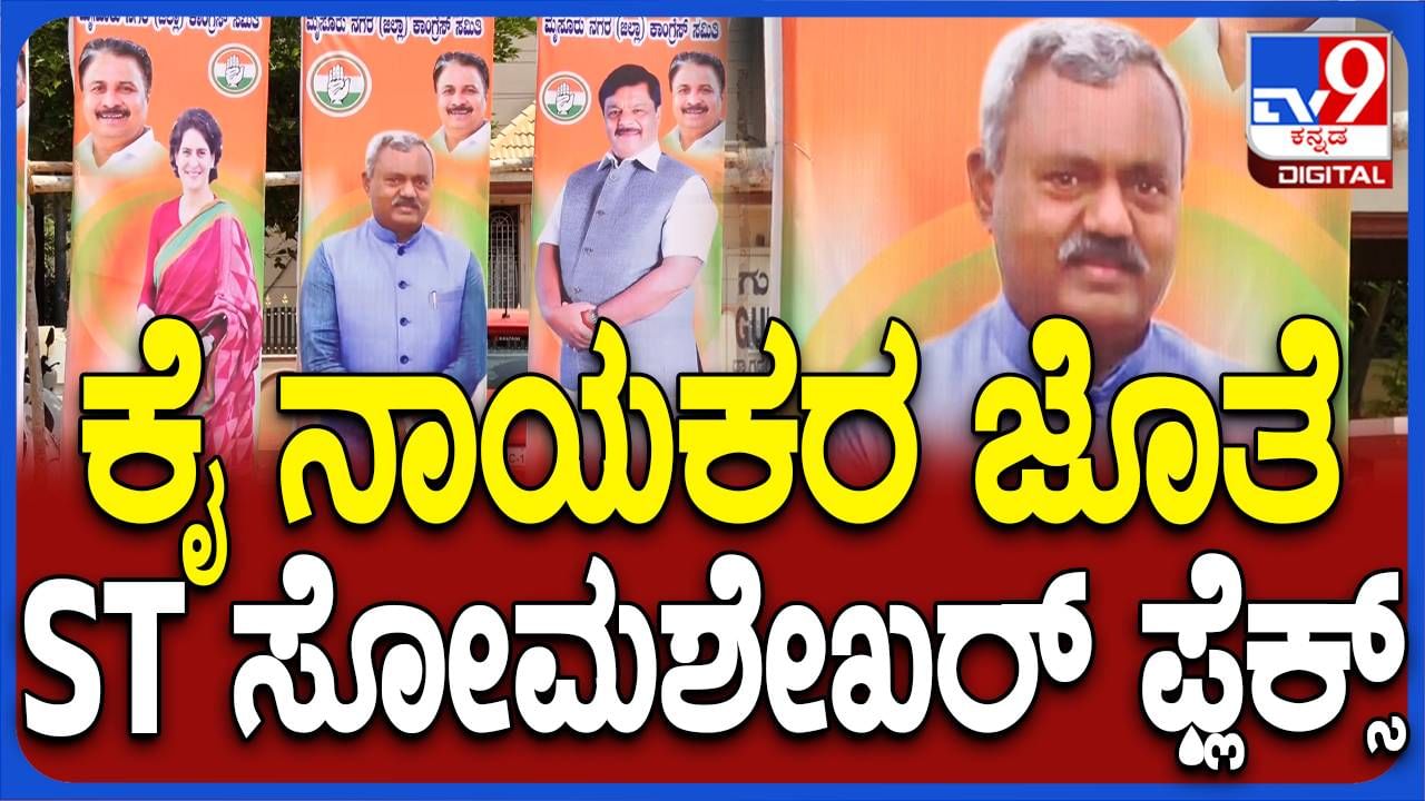 ಮೈಸೂರು: ಕಾಂಗ್ರೆಸ್ ನಾಯಕರ ಫ್ಲೆಕ್ಸ್ ಗಳ ನಡುವೆ ಕಡಿಮೆ ಎತ್ತರದ ಎಸ್ ಟಿ ಸೋಮಶೇಖರ್ ಫ್ಲೆಕ್ಸ್!