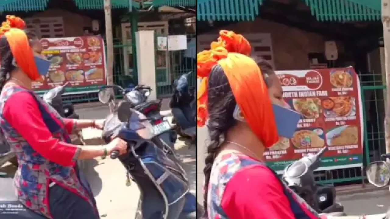 Viral Video: ತಲೆಗೆ ಬಟ್ಟೆ ಸುತ್ತಿ, ಪೋನಿನಲ್ಲಿ ಮಾತಾಡುತ್ತಾ, ಜಾಲಿ ರೈಡ್​​ನಲ್ಲಿರುವ ಬೆಂಗಳೂರಿನ ಮಹಿಳೆ