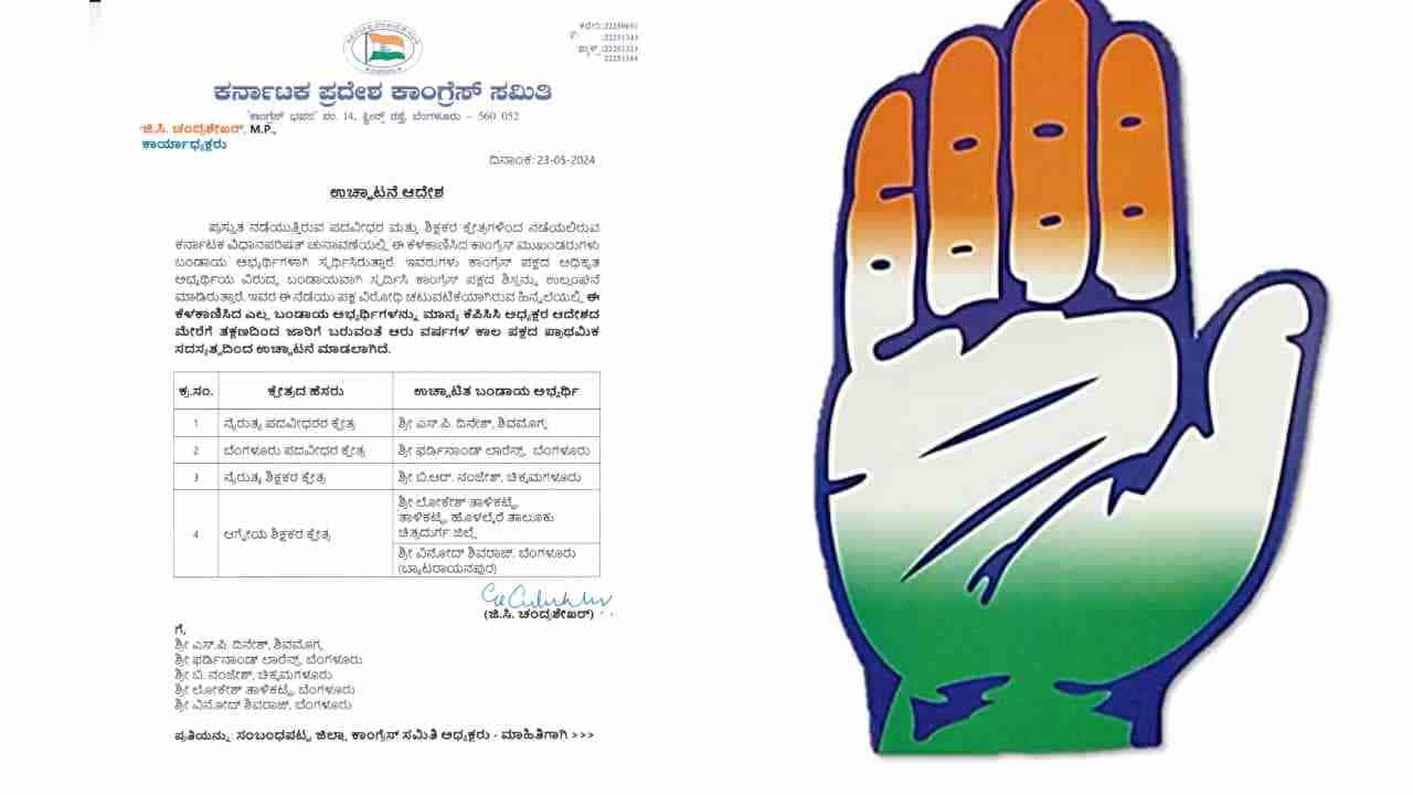 ಪರಿಷತ್ ಚುನಾವಣೆ: ಬಂಡಾಯವಾಗಿ ಸ್ಪರ್ಧಿಸಿರುವ ಐವರು ಕಾಂಗ್ರೆಸ್ನಿಂದ ಉಚ್ಚಾಟನೆ ಪರಿಷತ್ ಚುನಾವಣೆ: ಬಂಡಾಯವಾಗಿ ಸ್ಪರ್ಧಿಸಿರುವ ಐವರು ಕಾಂಗ್ರೆಸ್ನಿಂದ ಉಚ್ಚಾಟನೆ