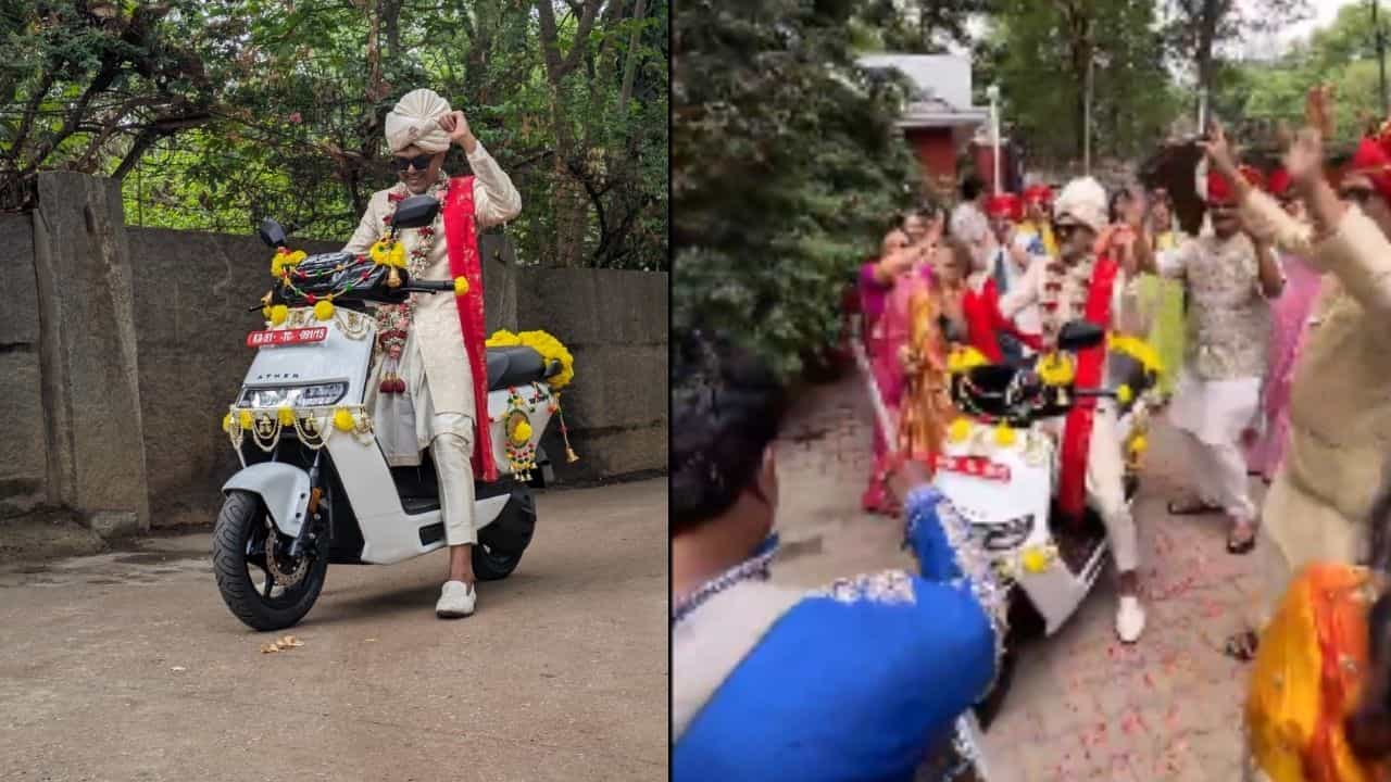 Viral Video: ಕುದುರೆಯಲ್ಲ ಬಿಳಿ ಸ್ಕೂಟಿ ಏರಿ ಮದುವೆ ಮನೆಗೆ ಬಂದ ಮದುಮಗ; ದಿಬ್ಬಣ ನೋಡಿ ಖುಷಿಪಟ್ಟ ಜನ Viral Video: ಕುದುರೆಯಲ್ಲ ಬಿಳಿ ಸ್ಕೂಟಿ ಏರಿ ಮದುವೆ ಮನೆಗೆ ಬಂದ ಮದುಮಗ; ದಿಬ್ಬಣ ನೋಡಿ ಖುಷಿಪಟ್ಟ ಜನ