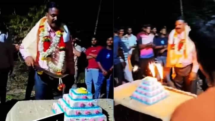 ತಲ್ವಾರ್ನಿಂದ ಕೇಕ್ ಕಟ್ ಮಾಡಿ ಹುಟ್ಟುಹಬ್ಬ ಆಚರಣೆ; ವಿಡಿಯೋ ವೈರಲ್ ತಲ್ವಾರ್ನಿಂದ ಕೇಕ್ ಕಟ್ ಮಾಡಿ ಹುಟ್ಟುಹಬ್ಬ ಆಚರಣೆ; ವಿಡಿಯೋ ವೈರಲ್