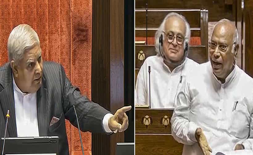 ರಾಜ್ಯಸಭೆಯಲ್ಲಿ ಗದ್ದಲ: ಸದನದ ಬಾವಿಗೆ ಇಳಿದು ಪ್ರತಿಭಟಿಸಿದ ಖರ್ಗೆ ವಿರುದ್ಧ ಜಗದೀಪ್ ಧನ್ಖರ್ ಗರಂ