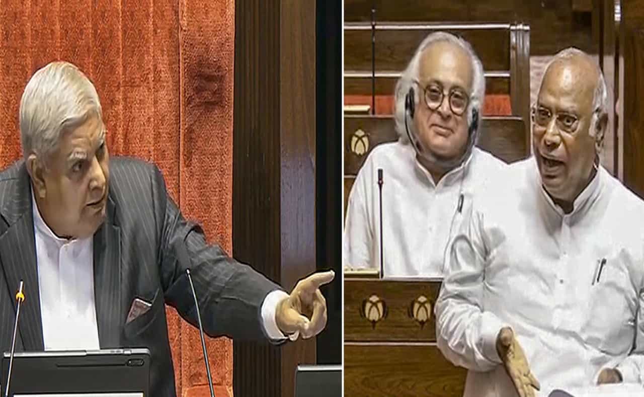 ರಾಜ್ಯಸಭೆಯಲ್ಲಿ ಗದ್ದಲ: ಸದನದ ಬಾವಿಗೆ ಇಳಿದು ಪ್ರತಿಭಟಿಸಿದ ಖರ್ಗೆ ವಿರುದ್ಧ ಜಗದೀಪ್ ಧನ್ಖರ್ ಗರಂ ರಾಜ್ಯಸಭೆಯಲ್ಲಿ ಗದ್ದಲ: ಸದನದ ಬಾವಿಗೆ ಇಳಿದು ಪ್ರತಿಭಟಿಸಿದ ಖರ್ಗೆ ವಿರುದ್ಧ ಜಗದೀಪ್ ಧನ್ಖರ್ ಗರಂ