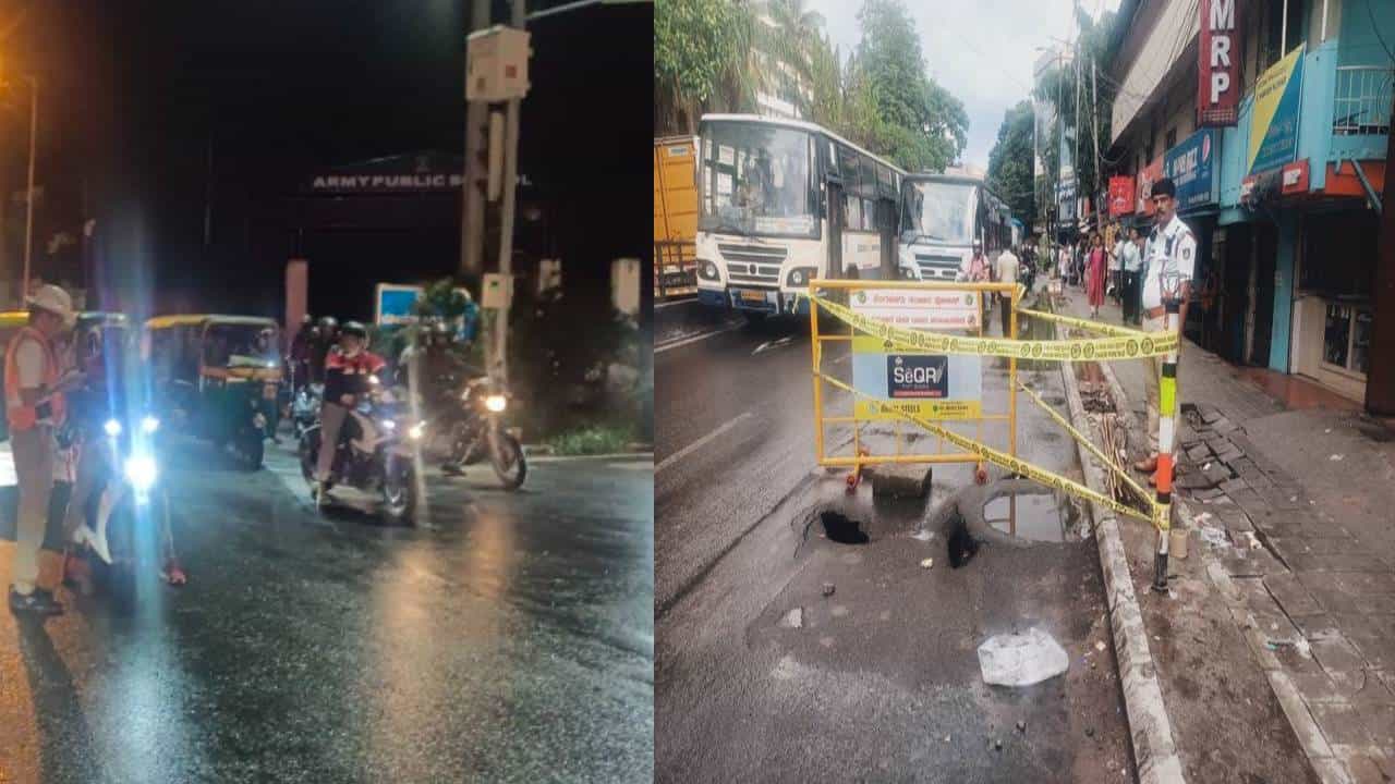 ಬೆಂಗಳೂರಿನಲ್ಲಿ ಭಾರಿ ಮಳೆಗೆ ಕುಸಿದ ರಸ್ತೆ; ಸವಾರರಿಗೆ ತಟ್ಟಿದ ಟ್ರಾಫಿಕ್ ಬಿಸಿ ಬೆಂಗಳೂರಿನಲ್ಲಿ ಭಾರಿ ಮಳೆಗೆ ಕುಸಿದ ರಸ್ತೆ; ಸವಾರರಿಗೆ ತಟ್ಟಿದ ಟ್ರಾಫಿಕ್ ಬಿಸಿ