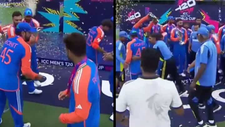 T20 World Cup: ಶಾಂಪೆನ್ ಬಾಟಲ್ ಓಪನ್ ಮಾಡಿ ಸಂಭ್ರಮಿಸಿದ ನಾಯಕ ರೋಹಿತ್ T20 World Cup: ಶಾಂಪೆನ್ ಬಾಟಲ್ ಓಪನ್ ಮಾಡಿ ಸಂಭ್ರಮಿಸಿದ ನಾಯಕ ರೋಹಿತ್ 