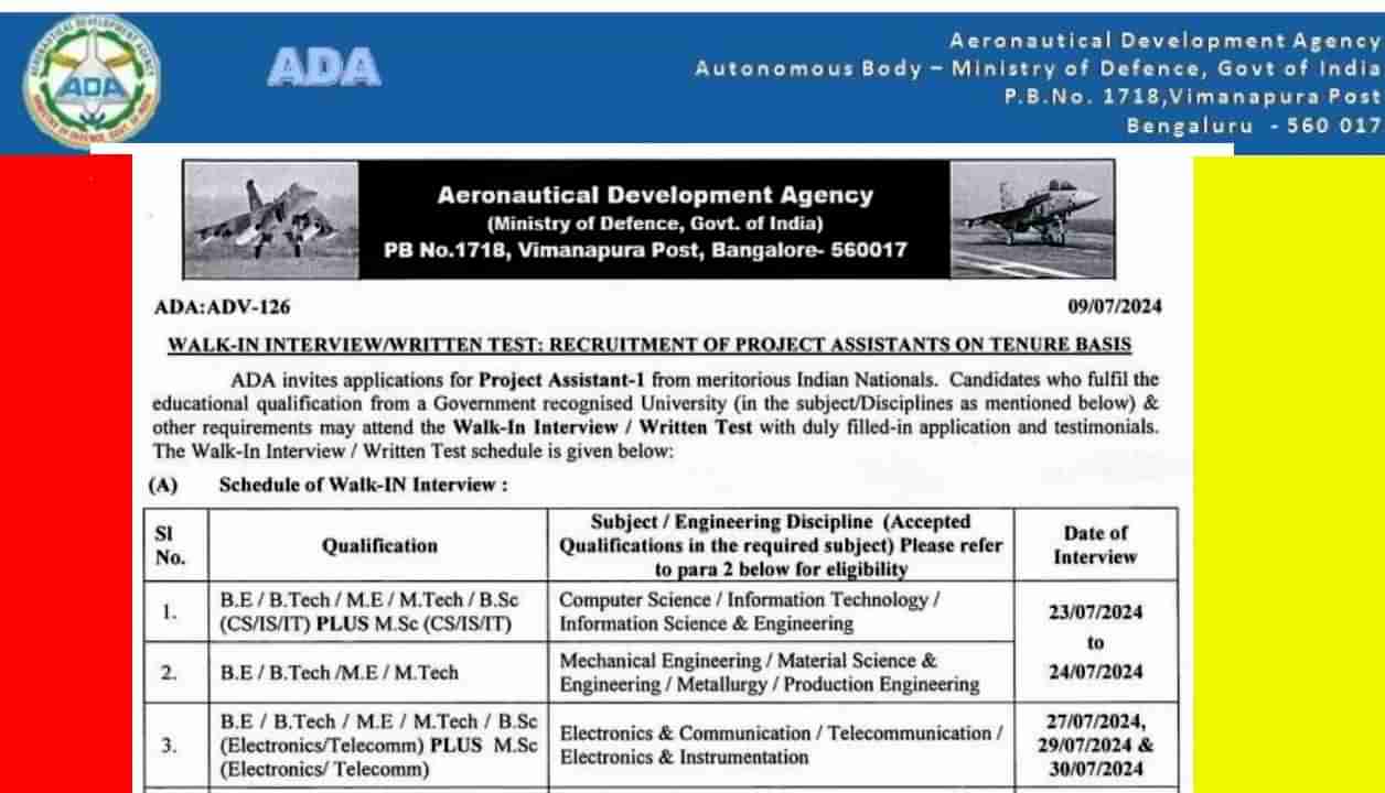 ADA Bangalore Recruitment 2024: ಎಡಿಎ ಬೆಂಗಳೂರು ಎಂಜಿನಿಯರಿಂಗ್​ ಪದವೀಧರರ ಆಯ್ಕೆ, ನೇರ ಸಂದರ್ಶನ ವಿವರ ಇಲ್ಲಿದೆ