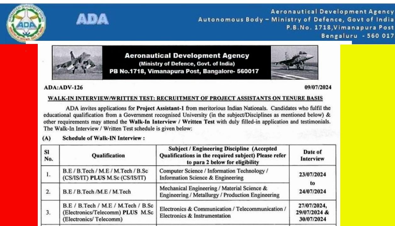 ADA Bangalore Recruitment 2024: ಎಡಿಎ ಬೆಂಗಳೂರು ಎಂಜಿನಿಯರಿಂಗ್​ ಪದವೀಧರರ ಆಯ್ಕೆ, ನೇರ ಸಂದರ್ಶನ ವಿವರ ಇಲ್ಲಿದೆ