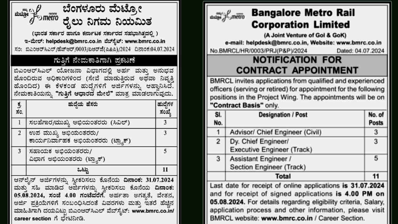 Bangalore Metro Recruitment 2024: ಬೆಂಗಳೂರು ಮೆಟ್ರೋದಲ್ಲಿ ಖಾಲಿ ಹುದ್ದೆಗಳು, ಅರ್ಹತಾ ಮಾನದಂಡ, ಆನ್‌ಲೈನ್‌ನಲ್ಲಿ ಅರ್ಜಿ ಸಲ್ಲಿಸಿ