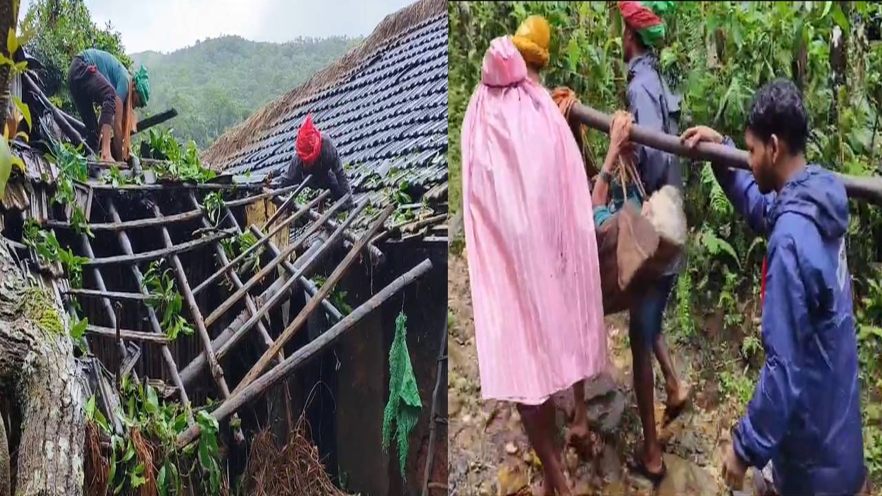 ಮಳೆಗೆ ಮನೆಯ ಮೇಲೆ ಬಿದ್ದ ಮರ; ಗಾಯಗೊಂಡ ವೃದ್ಧೆಯನ್ನ ಜೋಳಿಗೆ ಮೂಲಕ ಆಸ್ಪತ್ರೆಗೆ ಸಾಗಿಸಿದ ಗ್ರಾಮಸ್ಥರು