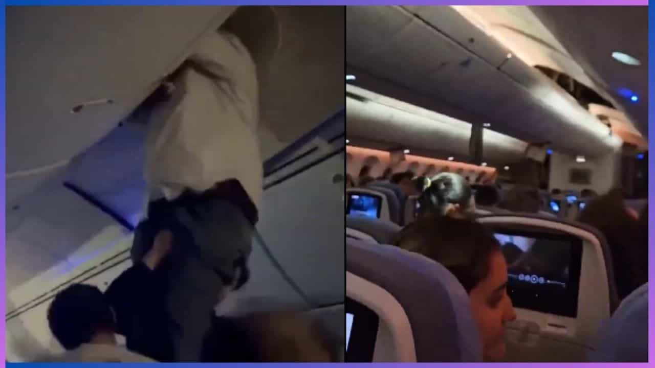Viral Video: ಆಕಾಶದಲ್ಲಿ ಗಾಳಿಗೆ ಅಲುಗಾಡಿದ ವಿಮಾನ, ಲಗೆಜ್ ಕಂಪಾರ್ಟ್ಮೆಂಟ್ನಲ್ಲಿ ಸಿಲುಕಿದ ಪ್ರಯಾಣಿಕ Viral Video: ಆಕಾಶದಲ್ಲಿ ಗಾಳಿಗೆ ಅಲುಗಾಡಿದ ವಿಮಾನ, ಲಗೆಜ್ ಕಂಪಾರ್ಟ್ಮೆಂಟ್ನಲ್ಲಿ ಸಿಲುಕಿದ ಪ್ರಯಾಣಿಕ