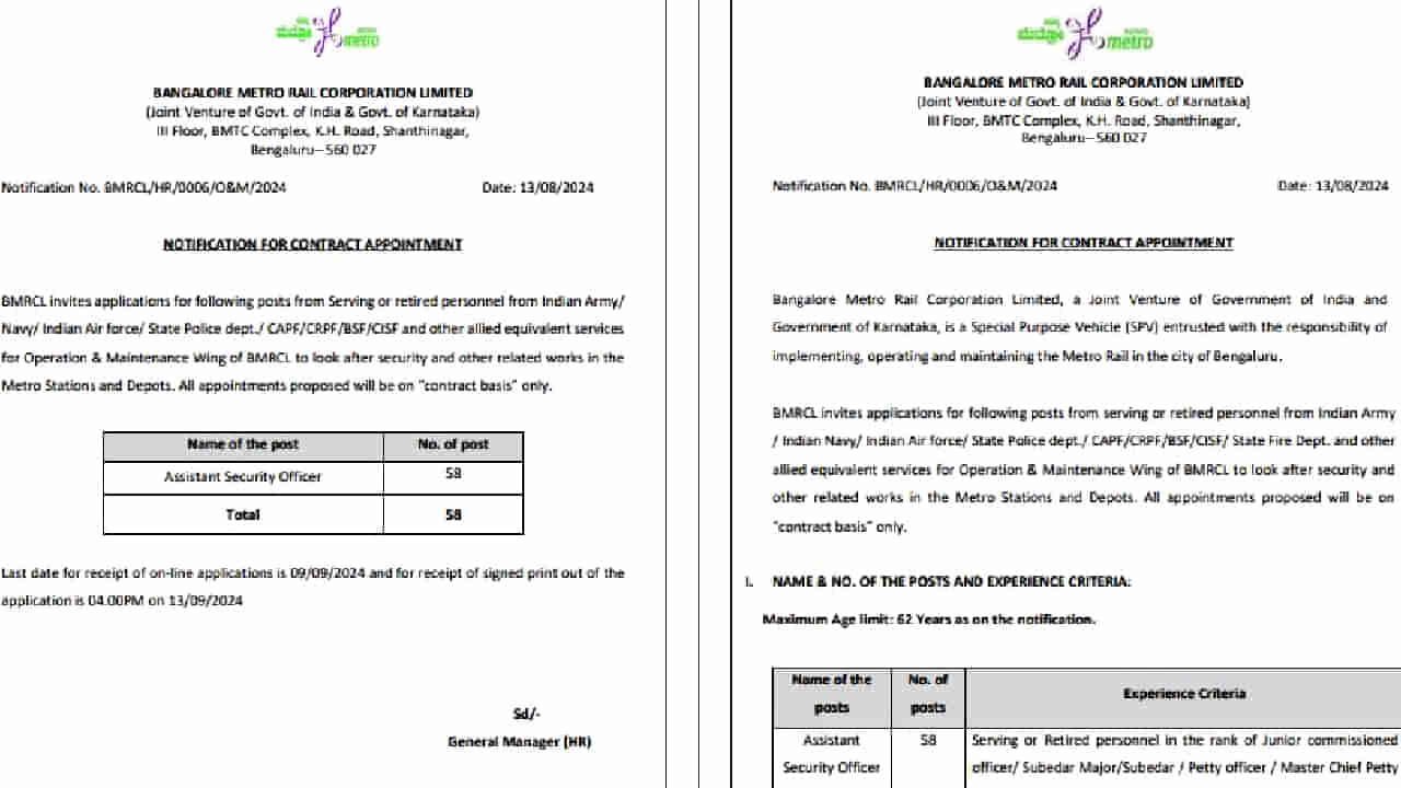 BMRCL Recruitment 2024: ನಮ್ಮ ಮೆಟ್ರೊದಲ್ಲಿ ಉದ್ಯೋಗಾವಕಾಶ, ಆಸಕ್ತರು ತಕ್ಷಣ ಅರ್ಜಿ ಸಲ್ಲಿಸಿ