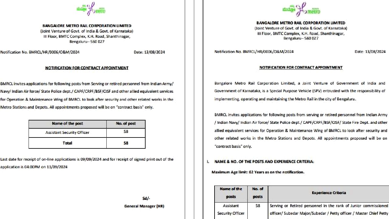 BMRCL Recruitment 2024: ನಮ್ಮ ಮೆಟ್ರೊದಲ್ಲಿ ಉದ್ಯೋಗಾವಕಾಶ, ಆಸಕ್ತರು ತಕ್ಷಣ ಅರ್ಜಿ ಸಲ್ಲಿಸಿ