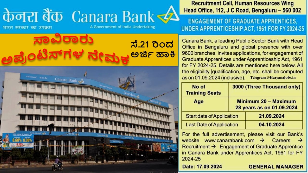 Canara Bank Apprentice Recruitment: ಕೆನರಾ ಬ್ಯಾಂಕ್​​ನಲ್ಲಿ ಸಾವಿರಾರು ಪದವೀಧರ ಅಪ್ರೆಂಟಿಸ್​ಗಳ ನೇಮಕ: ಸೆಪ್ಟೆಂಬರ್​​​ 21 ರಿಂದಲೇ ಅರ್ಜಿ ಹಾಕಿ, ಸ್ಟೈಪೆಂಡ್​​ ಎಷ್ಟು?​