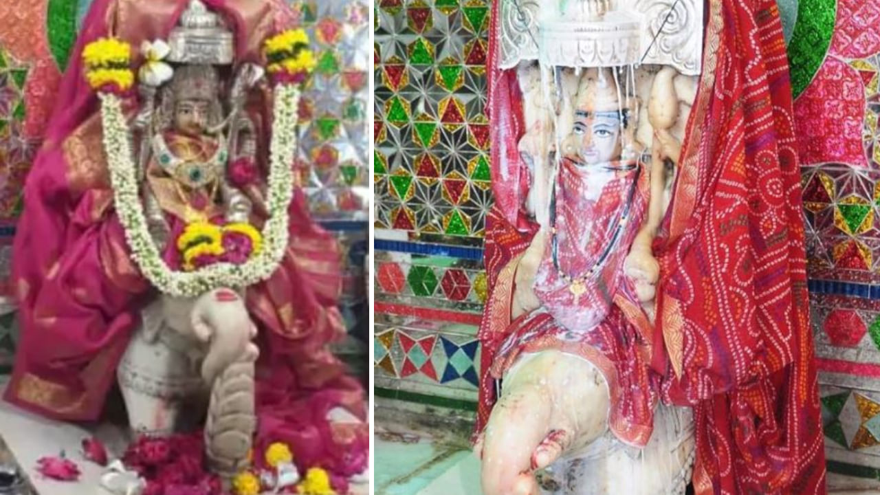 Na grande cidade religiosa de Ujjain está a voz agradável e de cor branca de Gaja Lakshmi sentada no Iravata de cor branca. 