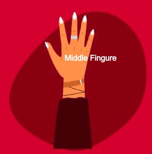 ಮಧ್ಯದ ಬೆರಳು - Middle finger : 

ಮಧ್ಯದ ಬೆರಳು ಸಾಂಪ್ರದಾಯಿಕವಾಗಿ ಜವಾಬ್ದಾರಿ, ಸಮತೋಲನ ಮತ್ತು ಆತ್ಮವನ್ನು ಪ್ರತಿನಿಧಿಸುತ್ತದೆ. ಮಧ್ಯದ ಬೆರಳಿಗೆ ಸಂಬಂಧಿಸಿದ ರತ್ನದ ಕಲ್ಲುಗಳಲ್ಲಿ ಅಕ್ವಾಮರೀನ್, ಹವಳ ಮತ್ತು ಗುಲಾಬಿ ಸ್ಫಟಿಕ ಶಿಲೆ ಸೇರಿವೆ. ಈ ಅಮೂಲ್ಯ ಕಲ್ಲುಗಳು ಹಿತವಾದ ಗುಣಗಳನ್ನು ಹೊಂದಿವೆ ಎಂದು ಹೇಳಲಾಗುತ್ತದೆ.
ಒಬ್ಬ ವ್ಯಕ್ತಿಯು ಉಂಗುರದ ಬೆರಳಿಗೆ ಬದಲಾಗಿ ಮಧ್ಯದ ಬೆರಳಿಗೆ ಉಂಗುರವನ್ನು ಧರಿಸಿದರೆ, ಅದು ಅವರು ನಿಶ್ಚಿತಾರ್ಥ ಮಾಡಿಕೊಂಡಿಲ್ಲ ಅಥವಾ ಮದುವೆಯಾಗಿಲ್ಲ ಎಂಬುದರ ಸೂಚನೆಯಾಗಿದೆ.
ಇದು ಅತ್ಯಂತ ಗಮನಾರ್ಹವಾದ ಬೆರಳು, ಏಕೆಂದರೆ ಇದು ಉದ್ದವಾದ ಅಂಕೆಯಾಗಿದೆ, ಆದ್ದರಿಂದ ಮಧ್ಯದ ಬೆರಳಿನಲ್ಲಿ ಧರಿಸಿರುವ ಯಾವುದೇ ಉಂಗುರವು ಹೆಚ್ಚು ಗಮನಾರ್ಹವಾಗಿದೆ. ಈ ಕಾರಣಕ್ಕಾಗಿ, ಇದು ಶಕ್ತಿ, ಸ್ಥಿರತೆ ಮತ್ತು ಸಮತೋಲನವನ್ನು ಸಂಕೇತಿಸುತ್ತದೆ ಎಂದು ಸಹ ಗ್ರಹಿಸಬಹುದು.
ಜನರು ಸಾಮಾನ್ಯವಾಗಿ ತಮ್ಮ ಮಧ್ಯದ ಬೆರಳಿಗೆ ಕಾಕ್​​ಟೈಲ್​​ ಉಂಗುರವನ್ನು ಆಯ್ಕೆ ಮಾಡುತ್ತಾರೆ. ಪ್ರಾಯೋಗಿಕವಾಗಿ ಹೇಳುವುದಾದರೆ, ಈ ಬೆರಳಿನಲ್ಲಿ ಧರಿಸಿರುವ ಉಂಗುರಗಳು ಸುಲಭವಾಗಿ ಸಿಕ್ಕಿಹಾಕಿಕೊಳ್ಳುವ ಅಪಾಯವನ್ನು ಹೊಂದಿರುತ್ತವೆ, ಆದ್ದರಿಂದ ತೆಳುವಾದ ಬ್ಯಾಂಡ್​​ಗಳನ್ನು ಹೆಚ್ಚಾಗಿ ಧರಿಸಲಾಗುತ್ತದೆ. 
