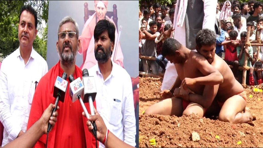 Desi wrestlers perform in the arena of Kotenadu Chitradurga