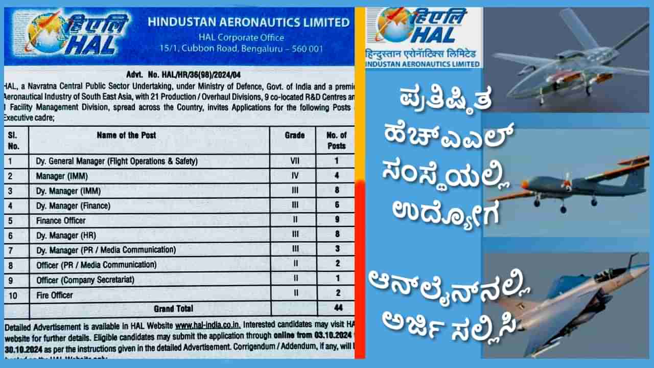 HAL Recruitment 2024: ಬೆಂಗಳೂರಿನ ಪ್ರತಿಷ್ಠಿತ ಹಿಂದೂಸ್ತಾನ್ ಏರೋನಾಟಿಕ್ಸ್ ಲಿಮಿಟೆಡ್ ಸಂಸ್ಥೆಯಲ್ಲಿ ಉನ್ನತ ಉದ್ಯೋಗಾವಕಾಶಗಳು, ಆನ್​​ಲೈನ್​​ನಲ್ಲಿ ಅರ್ಜಿ ಸಲ್ಲಿಸಿ