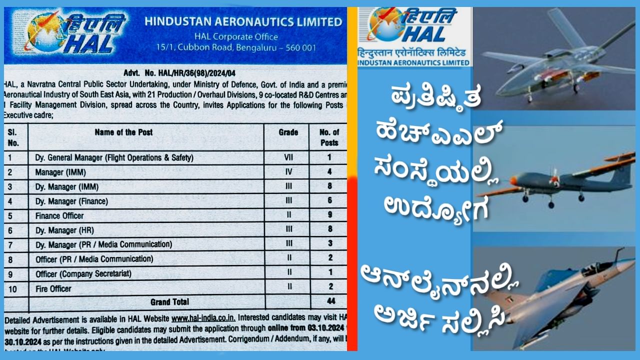 HAL Recruitment 2024: ಬೆಂಗಳೂರಿನ ಪ್ರತಿಷ್ಠಿತ ಹಿಂದೂಸ್ತಾನ್ ಏರೋನಾಟಿಕ್ಸ್ ಲಿಮಿಟೆಡ್ ಸಂಸ್ಥೆಯಲ್ಲಿ ಉನ್ನತ ಉದ್ಯೋಗಾವಕಾಶಗಳು, ಆನ್​​ಲೈನ್​​ನಲ್ಲಿ ಅರ್ಜಿ ಸಲ್ಲಿಸಿ