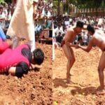 Desi wrestlers perform in the arena of Kotenadu Chitradurga