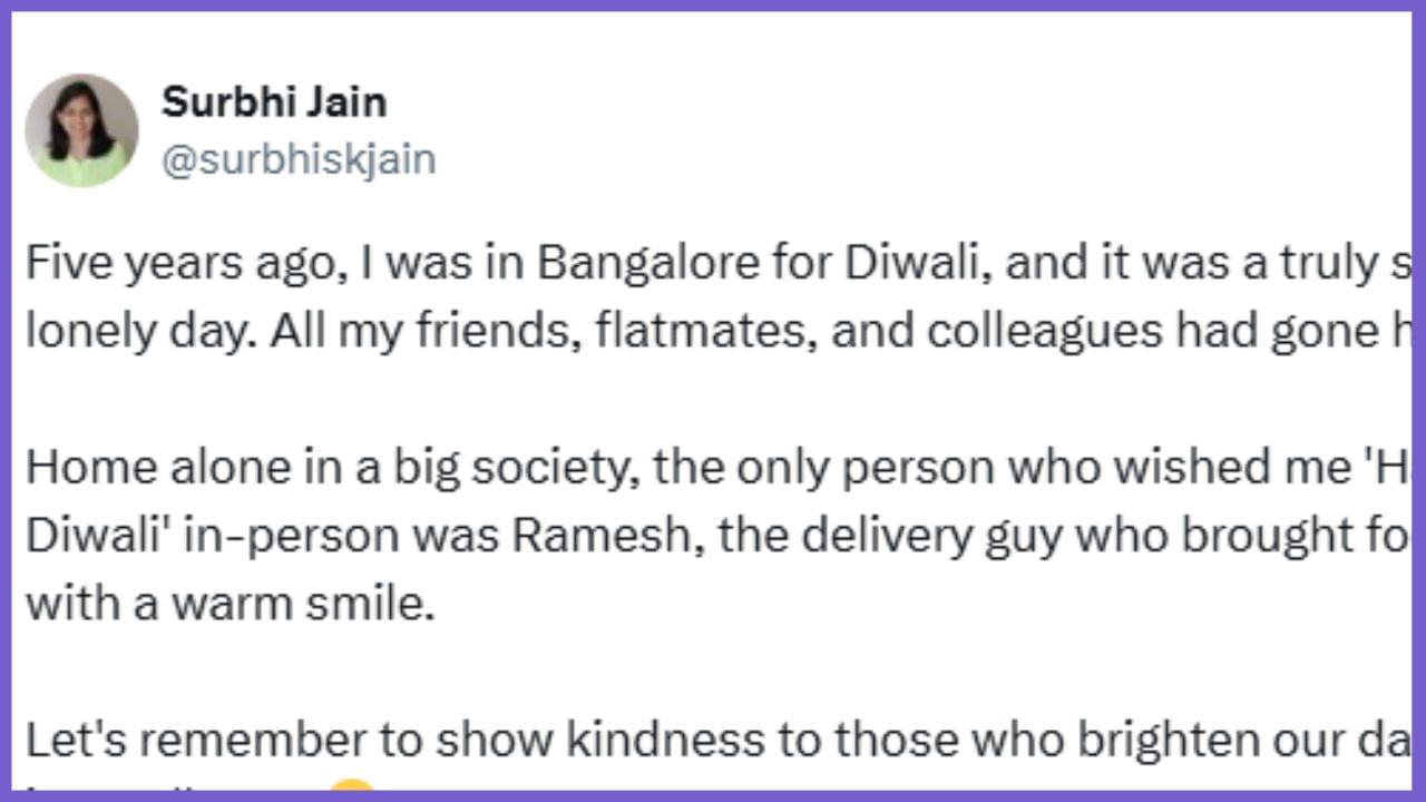 ದೀಪಾವಳಿ ಹಬ್ಬದಂದು ಒಂಟಿಯಾಗಿ ಬೇಸರದಲ್ಲಿದ್ದಾಗ ತನ್ನ ಮೊಗದಲ್ಲಿ ನಗು ತರಿಸಿದ ಡೆಲಿವರಿ ಬಾಯ್ನ ನೆನೆದ ಬೆಂಗಳೂರಿನ ಮಹಿಳೆ ದೀಪಾವಳಿ ಹಬ್ಬದಂದು ಒಂಟಿಯಾಗಿ ಬೇಸರದಲ್ಲಿದ್ದಾಗ ತನ್ನ ಮೊಗದಲ್ಲಿ ನಗು ತರಿಸಿದ ಡೆಲಿವರಿ ಬಾಯ್ನ ನೆನೆದ ಬೆಂಗಳೂರಿನ ಮಹಿಳೆ