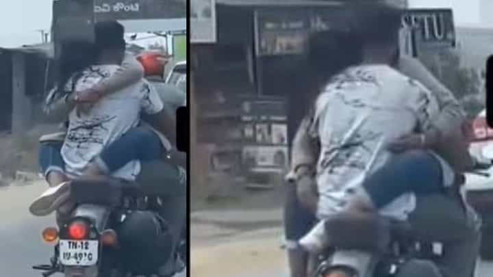 ಚಲಿಸುವ ಬೈಕ್ ಮೇಲೆಯೇ ರೊಮ್ಯಾನ್ಸ್: ಪ್ರೇಮಿಗಳ ಹುಚ್ಚಾಟದ ವಿಡಿಯೋ ವೈರಲ್ ಚಲಿಸುವ ಬೈಕ್ ಮೇಲೆಯೇ ರೊಮ್ಯಾನ್ಸ್: ಪ್ರೇಮಿಗಳ ಹುಚ್ಚಾಟದ ವಿಡಿಯೋ ವೈರಲ್