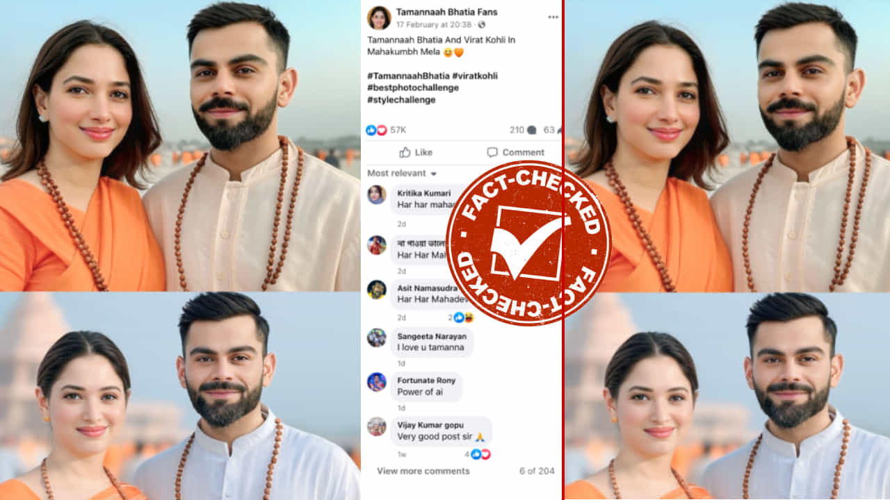 Fact Check: ಮಹಾಕುಂಭ ಮೇಳಕ್ಕೆ ಜೊತೆಯಾಗಿ ತೆರಳಿದ ವಿರಾಟ್ ಕೊಹ್ಲಿ-ತಮನ್ನಾ ಭಾಟಿಯಾ?: ವೈರಲ್ ಫೋಟೋದ ಸತ್ಯ ಏನು? Fact Check: ಮಹಾಕುಂಭ ಮೇಳಕ್ಕೆ ಜೊತೆಯಾಗಿ ತೆರಳಿದ ವಿರಾಟ್ ಕೊಹ್ಲಿ-ತಮನ್ನಾ ಭಾಟಿಯಾ?: ವೈರಲ್ ಫೋಟೋದ ಸತ್ಯ ಏನು?