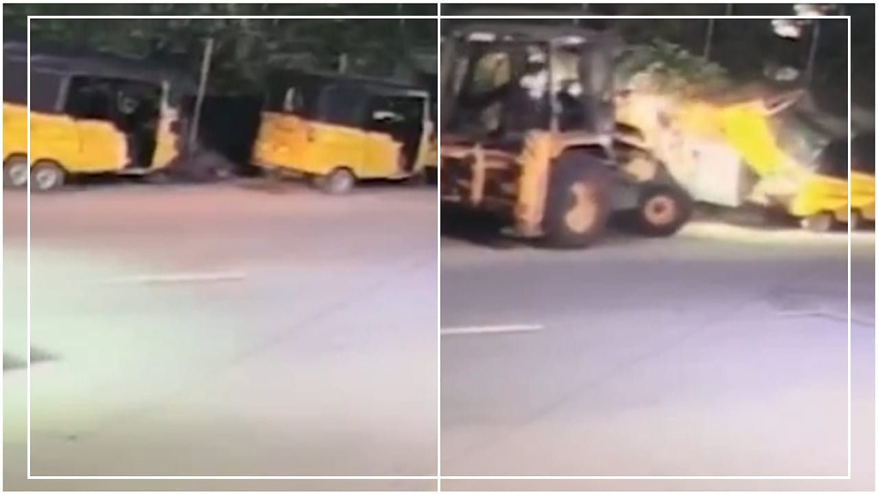 ತಮಿಳುನಾಡಿನ ಮಧುರೈನಲ್ಲಿ ನಿಲ್ಲಿಸಿದ್ದ ವಾಹನಗಳ ಮೇಲೆ ಜೆಸಿಬಿ ಹತ್ತಿಸಿದ ಚಾಲಕ