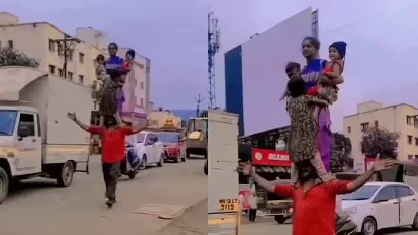 ಹೆಂಡತಿ-ಮಕ್ಕಳನ್ನು ಹೆಗಲ ಮೇಲೆ ಹೊತ್ತುಕೊಂಡು ಅಪಾಯಕಾರಿ ಸ್ಟಂಟ್, ವಿಡಿಯೋ ವೈರಲ್