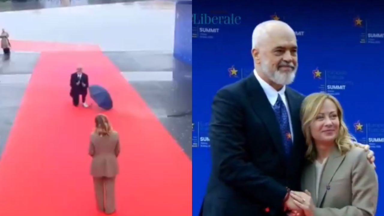 ಇಟಲಿ ಪ್ರಧಾನಿ ಜಾರ್ಜಿಯಾ ಮೆಲೋನಿರನ್ನು ಮಂಡಿಯೂರಿ ಕೈ ಮುಗಿದು ಸ್ವಾಗತಿಸಿದ ಅಲ್ಬೇನಿಯಾದ ಪ್ರಧಾನಿ