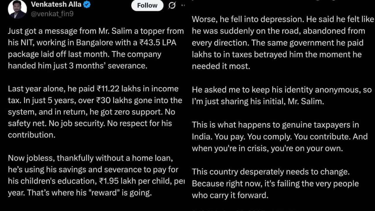 Viral : ವಾರ್ಷಿಕ ಸಂಬಳ 43.5 ಲಕ್ಷ ರೂ, 5 ವರ್ಷಕ್ಕೆ 30 ಲಕ್ಷ ತೆರಿಗೆ, ಆದ್ರೆ ಈಗ ಕೆಲ್ಸನೇ ಇಲ್ಲ : ಇದು ಬೆಂಗಳೂರಿನ ಇಂಜಿನಿಯರ್ ಕಥೆ Viral : ವಾರ್ಷಿಕ ಸಂಬಳ 43.5 ಲಕ್ಷ ರೂ, 5 ವರ್ಷಕ್ಕೆ 30 ಲಕ್ಷ ತೆರಿಗೆ, ಆದ್ರೆ ಈಗ ಕೆಲ್ಸನೇ ಇಲ್ಲ : ಇದು ಬೆಂಗಳೂರಿನ ಇಂಜಿನಿಯರ್ ಕಥೆ